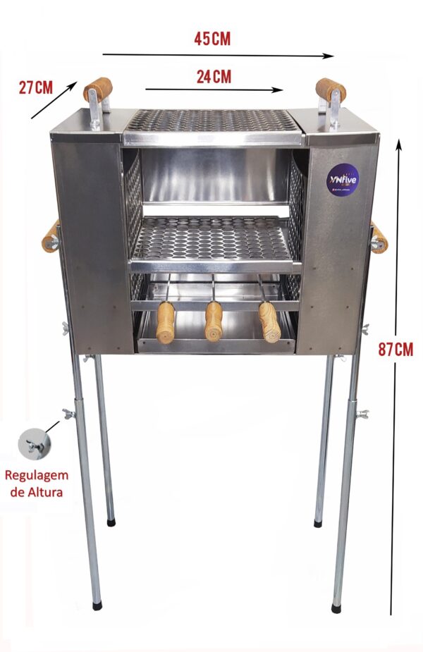 Churrasqueira para Apartamento com Tampa a Bafo Ecológica sem Fumaça 3 andares Grande Pé Grande Aço Inox 430 Escovado 2 Grelhas + 3 Espetos - 45x27x87 - Imagem 3