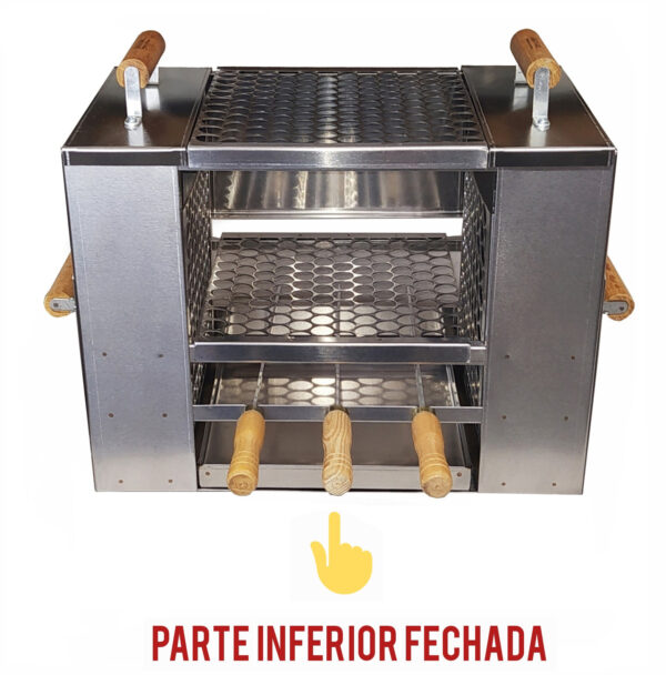 Churrasqueira para Apartamento Ecológica sem Fumaça 3 andares Grande Pé Grande Aço Inox 430 Escovado 2 Grelhas + 3 Espetos - 45x27x87 - Imagem 3