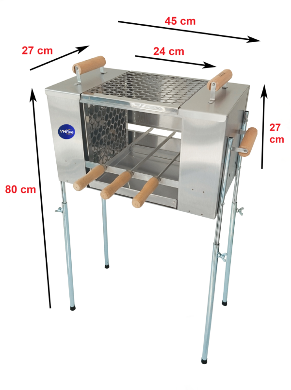 Churrasqueira para Apartamento Ecológica sem Fumaça Média Pé Grande Aço Inox 430 Escovado - 2 Grelhas + 3 Espetos - 45x27x80 - Image 3